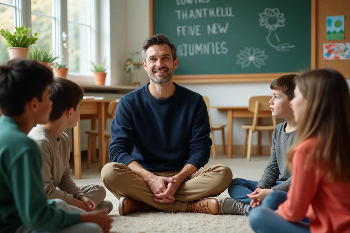 Éducateur bienveillant assis en cercle avec des enfants en classe, illustrant une approche pédagogique basée sur le dialogue et les citations inspirantes
