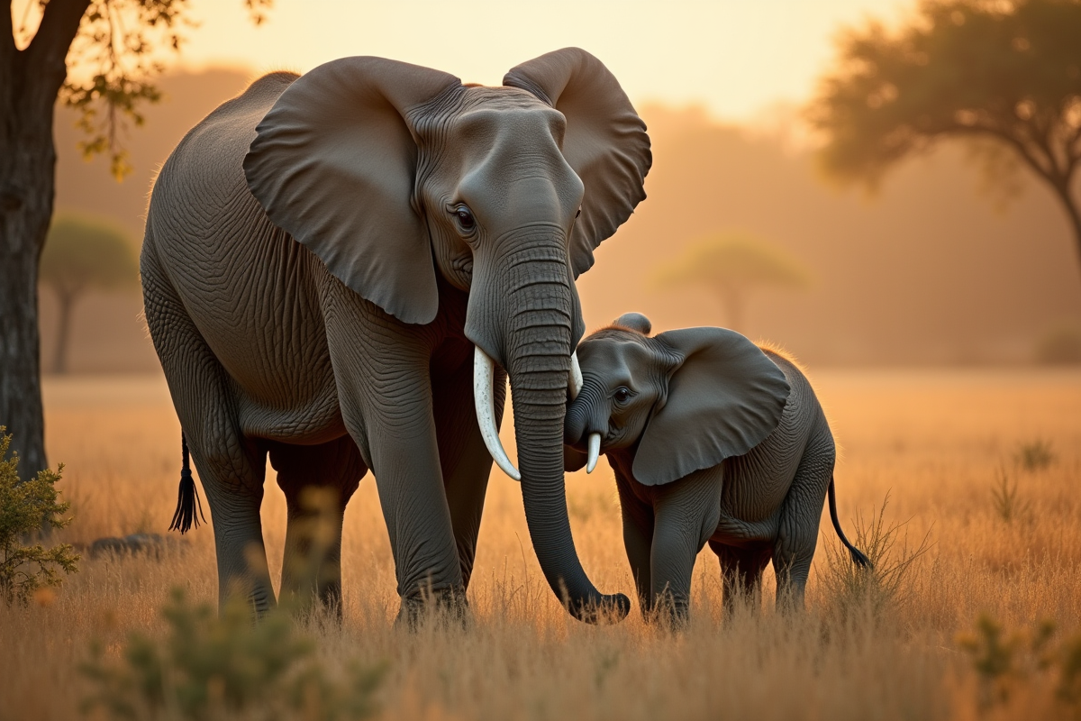 Eléphant caressant tendrement un bébé éléphant dans la savane