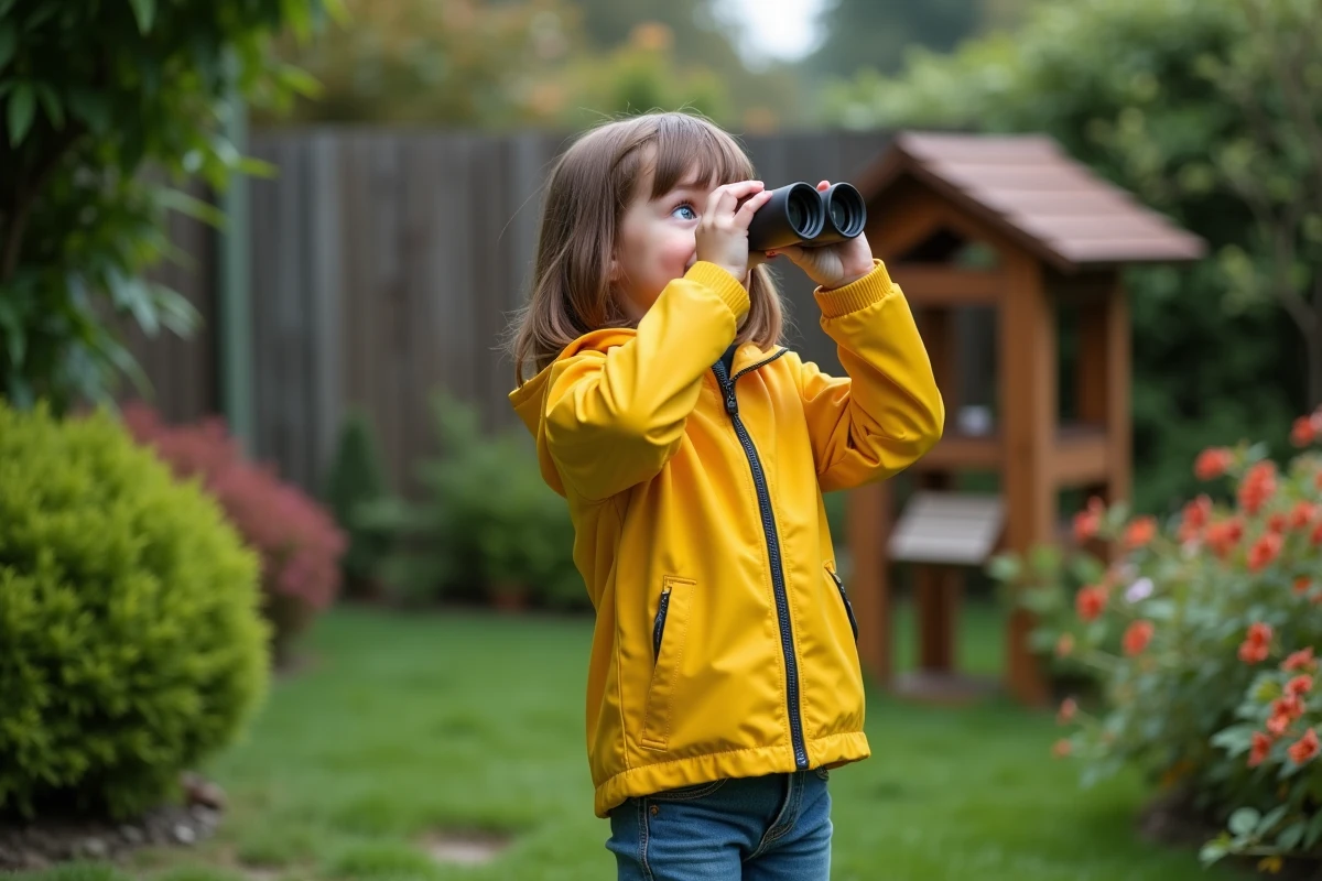 Fille de 7 ans regardant dans des jumelles dans le jardin