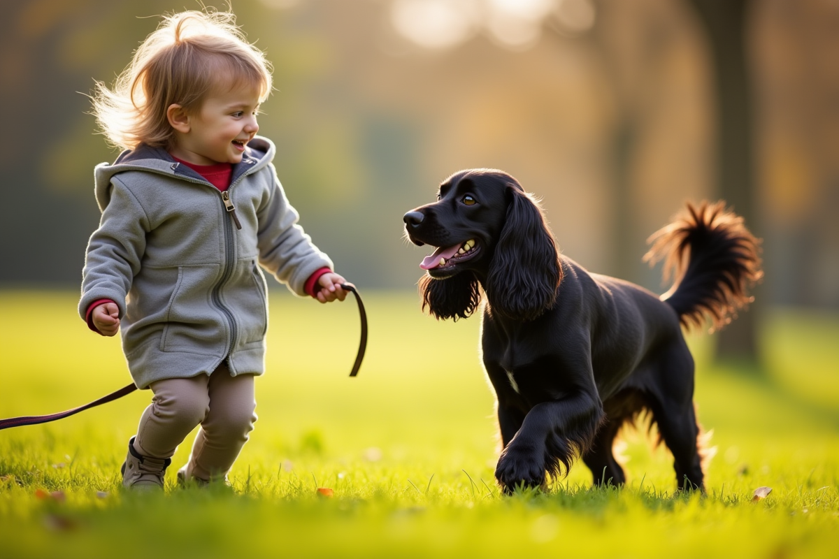 Enfant entraînant un cocker spaniel dans un parc ensoleille