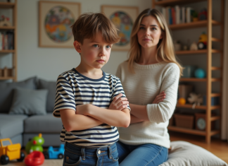 Enfant insolent : Comment discipliner sans autorité ? Garçon de huit ans au regard défiant dans un salon familial