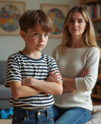 Garçon de huit ans au regard défiant dans un salon familial