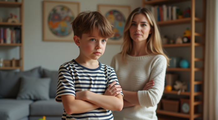 Garçon de huit ans au regard défiant dans un salon familial