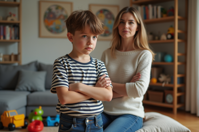 enfant-fierce-adolecent-salon Garçon de huit ans au regard défiant dans un salon familial