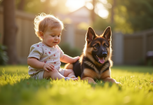 Enfant jouant avec un chiot berger allemand en plein air