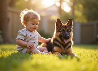 Enfant jouant avec un chiot berger allemand en plein air