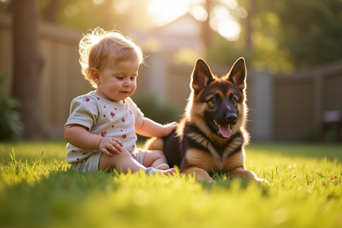 enfant-jeune-chien-german-shepherd Enfant jouant avec un chiot berger allemand en plein air