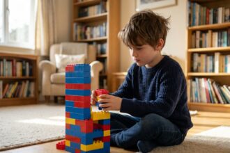 Enfant concentré qui assemble des jeux de construction évolutifs en briques colorées sur le sol d'un salon