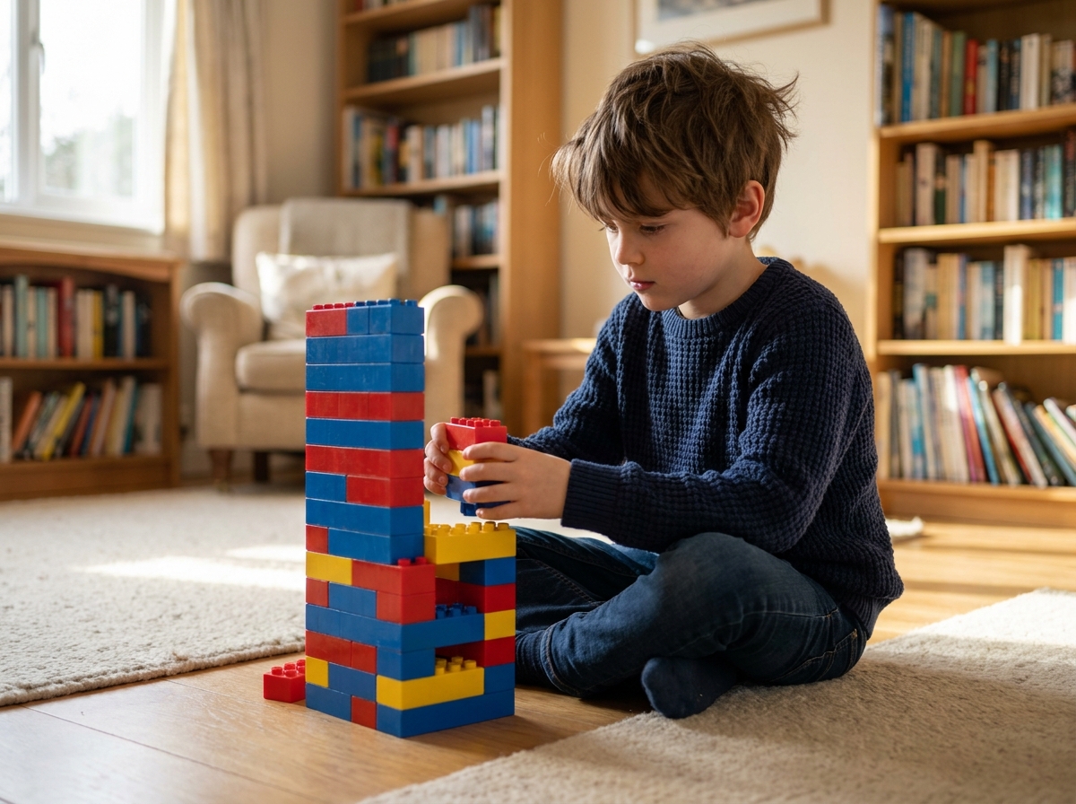 Enfant concentré qui assemble des jeux de construction évolutifs en briques colorées sur le sol d'un salon