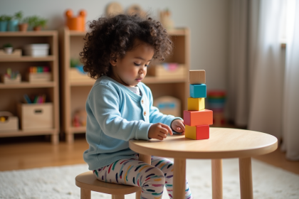 Fille de deux ans en classe Montessori jouant avec des blocs en bois