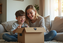 Enfant et parent découvrant une console de jeux dans un salon lumineux