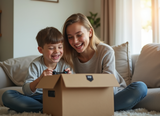 Console de jeux : quel est l’âge idéal pour s’en offrir une ? Enfant et parent découvrant une console de jeux dans un salon lumineux