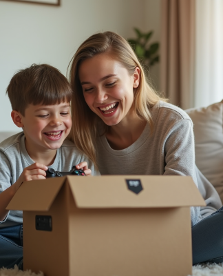Enfant et parent découvrant une console de jeux dans un salon lumineux