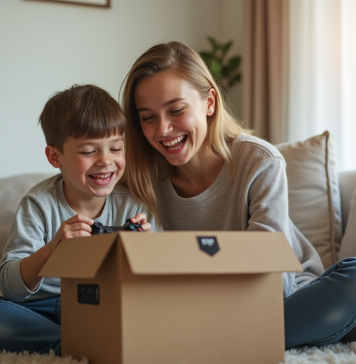 Enfant et parent découvrant une console de jeux dans un salon lumineux