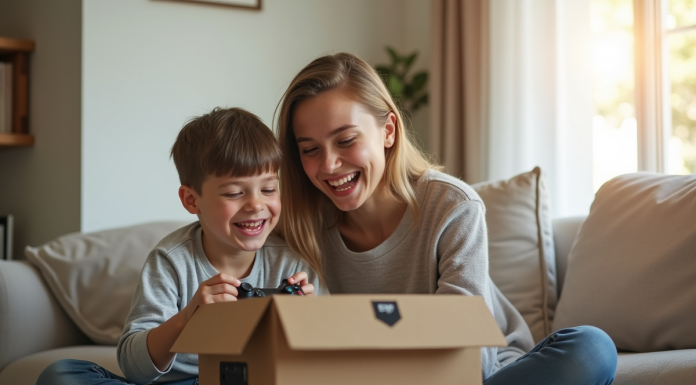 Enfant et parent découvrant une console de jeux dans un salon lumineux
