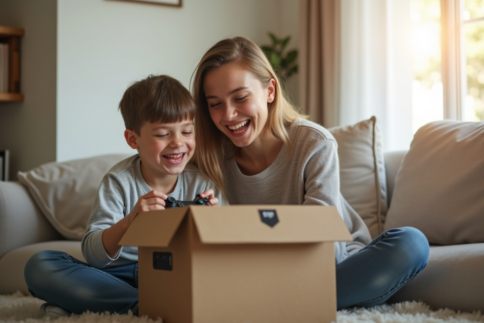 Enfant et parent découvrant une console de jeux dans un salon lumineux