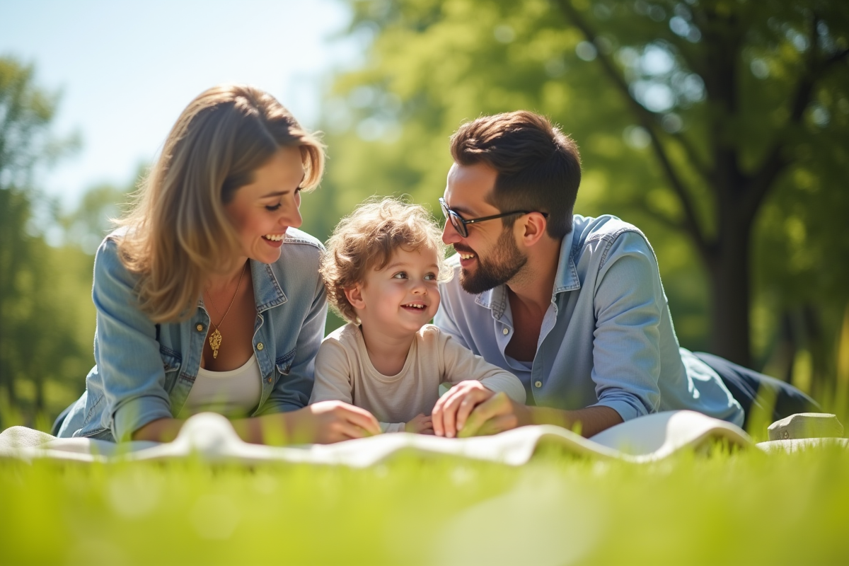 Enfant et parents profitant d un pique-nique dans un parc ensoleille