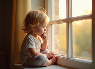 Signes dépression enfant : comment détecter les symptômes ? Jeune enfant assis sur le rebord de fenêtre ensoleille
