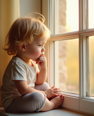 Jeune enfant assis sur le rebord de fenêtre ensoleille