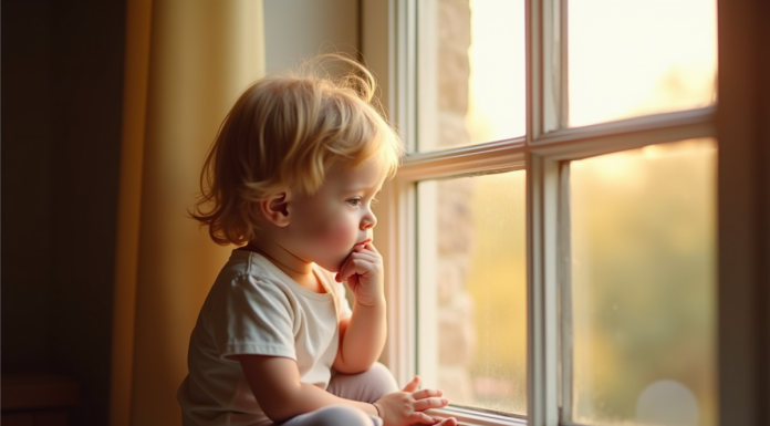 Jeune enfant assis sur le rebord de fenêtre ensoleille