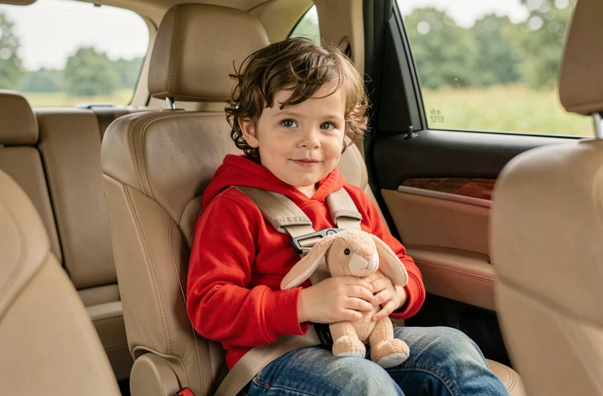 Enfant en bas âge installé dans un siège auto face avant avec harnais lors d'un trajet en SUV familial