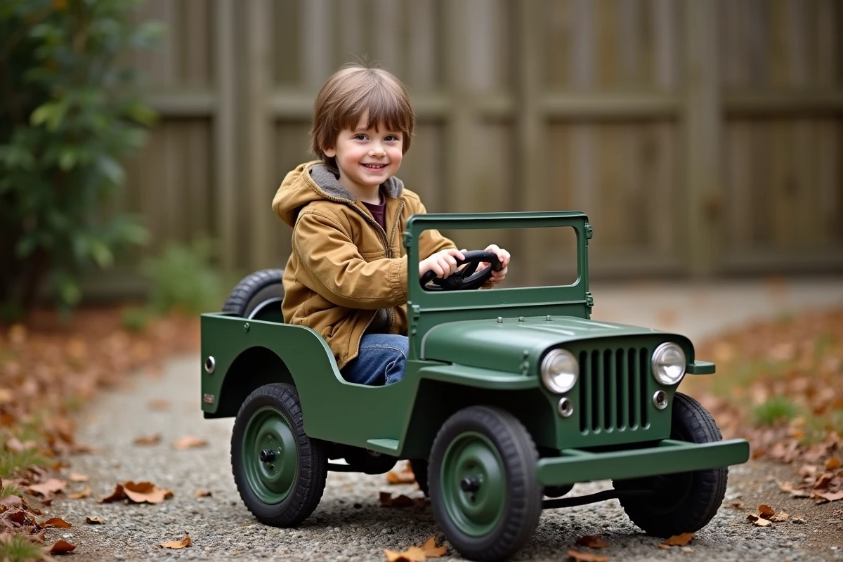 Enfant d'environ sept ans au volant d'une Jeep Willys réplique pour enfant, veste kaki, expression concentrée sur chemin de gravier dans un jardin