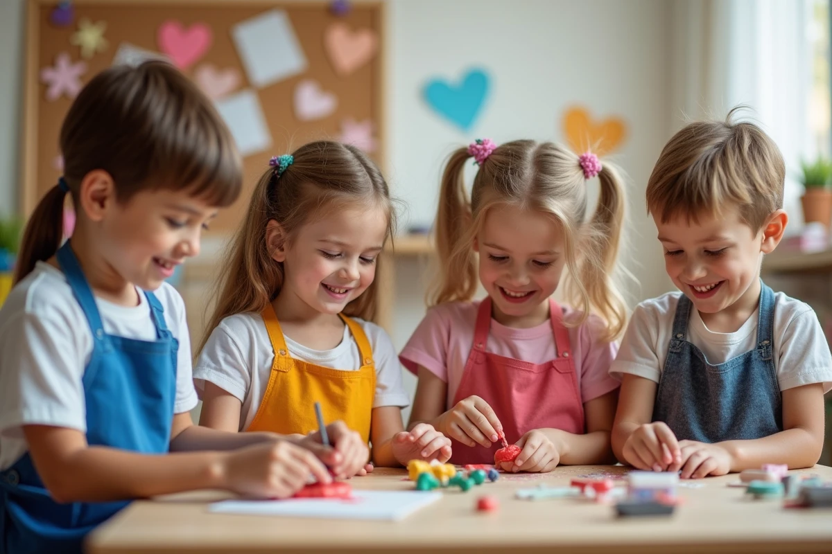 Enfants en atelier créatif avec des cadeaux faits main