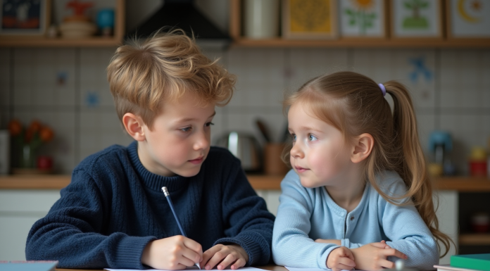 Deux enfants en cuisine pour aider aux devoirs