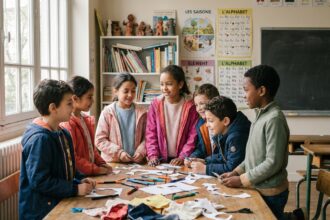 Enfants parisiens en atelier d'art dans une classe lumineuse