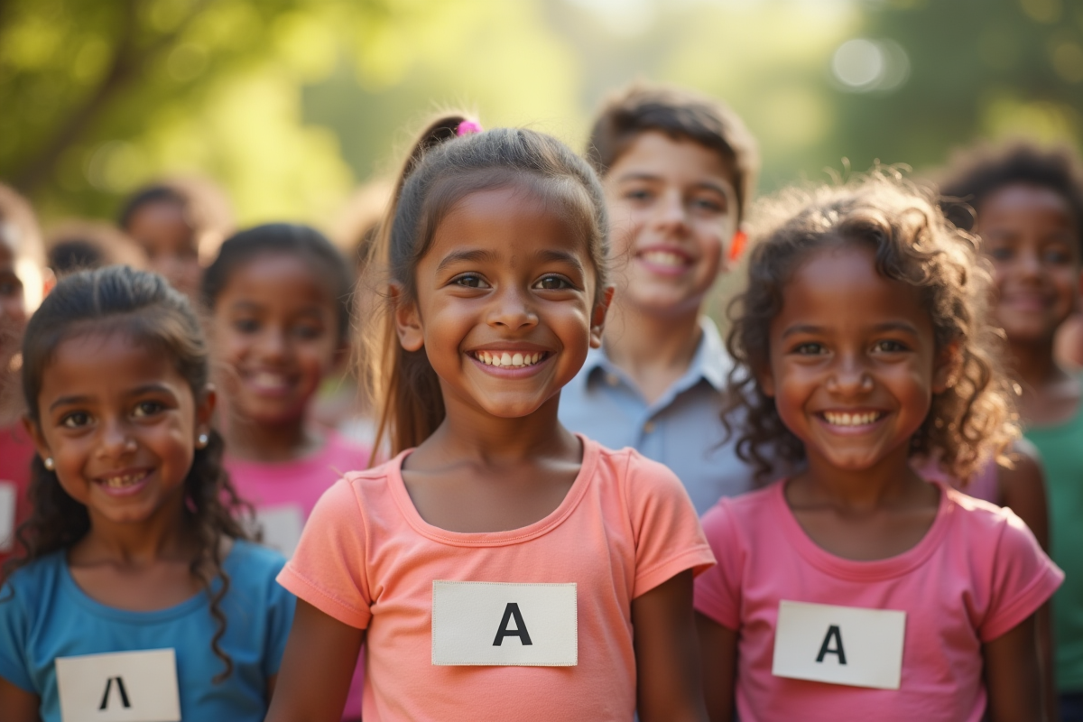 Enfants souriants portant prénoms commençant par A en extérieur
