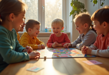 Groupe d'enfants jouant à un jeu de société en famille