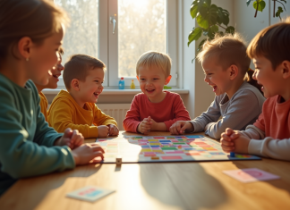 Groupe d'enfants jouant à un jeu de société en famille