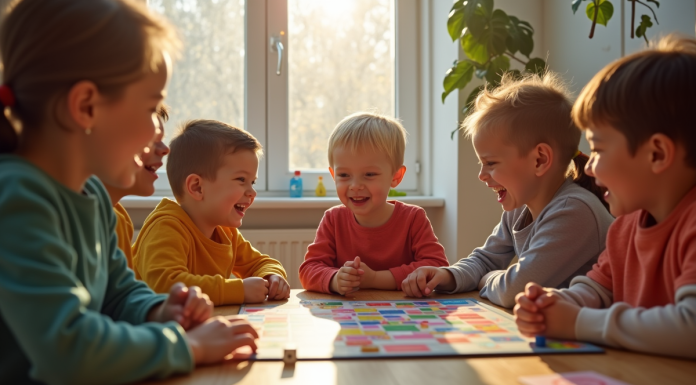 Groupe d'enfants jouant à un jeu de société en famille