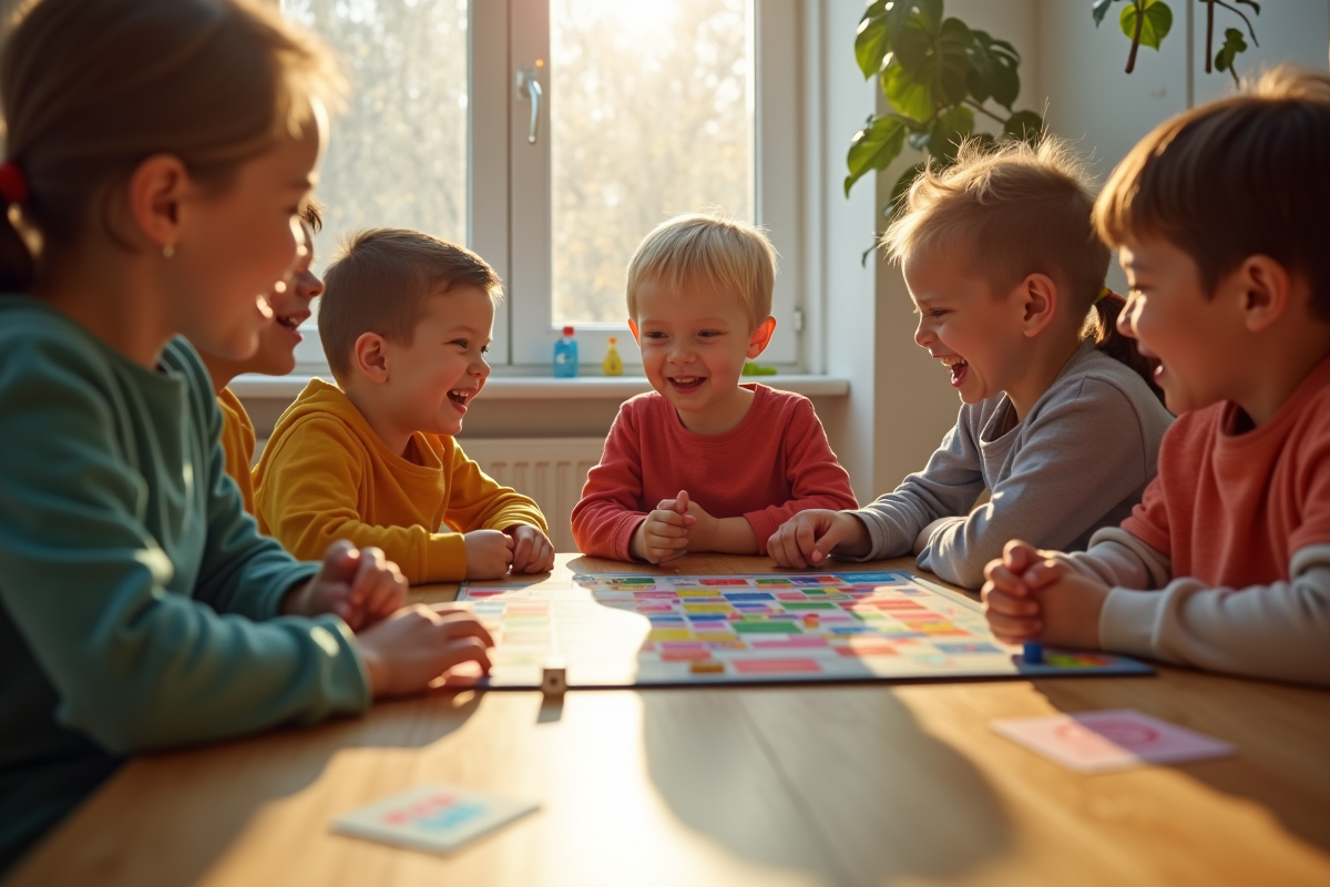 Groupe d'enfants jouant à un jeu de société en famille