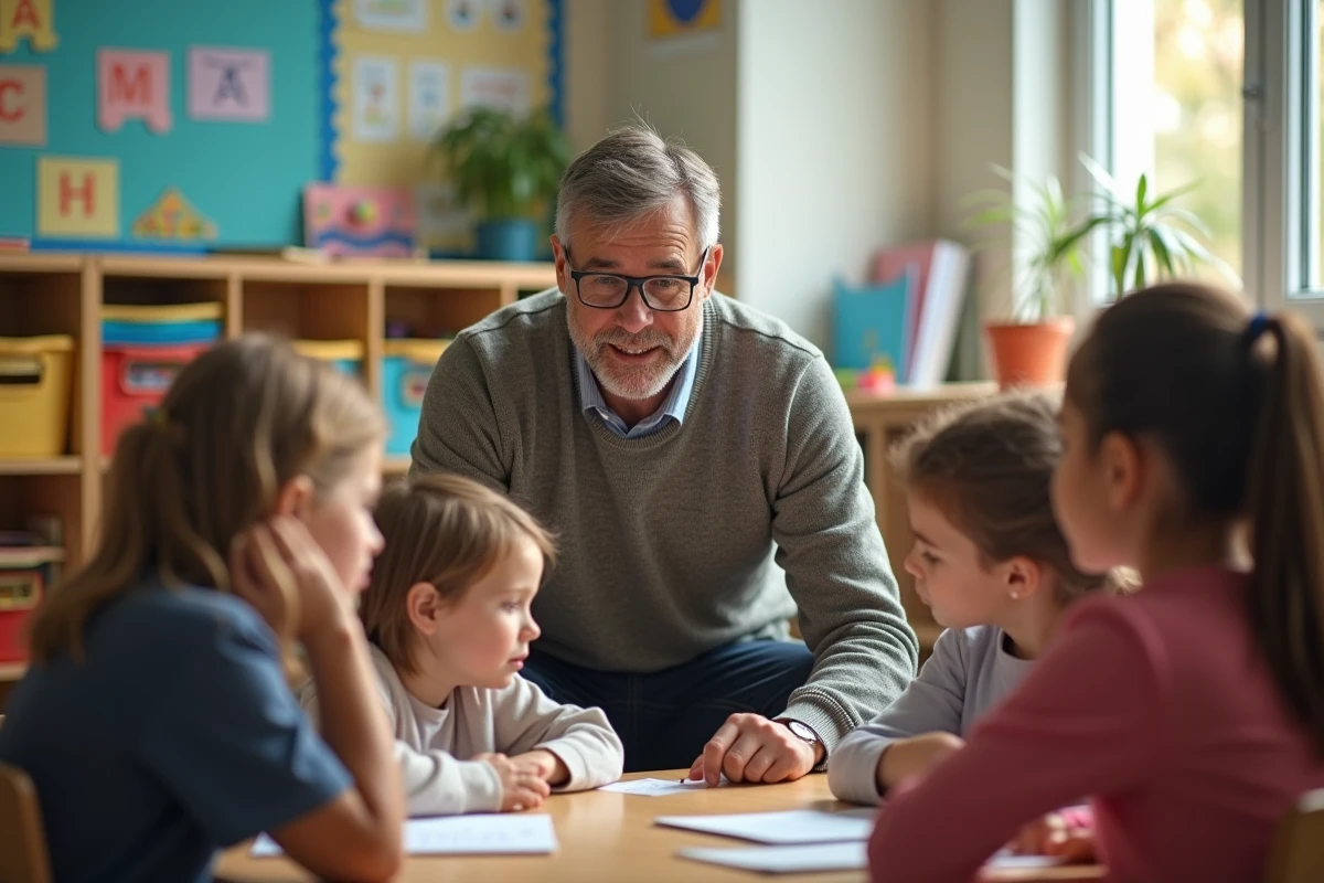 Enseignant encourageant un groupe d enfants en classe