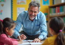 Professeur souriant avec élèves dans une classe colorée