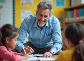 Enseignant ressource : renforcer les comportements positifs en classe Professeur souriant avec élèves dans une classe colorée