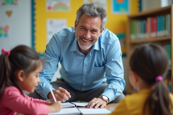 Professeur souriant avec élèves dans une classe colorée