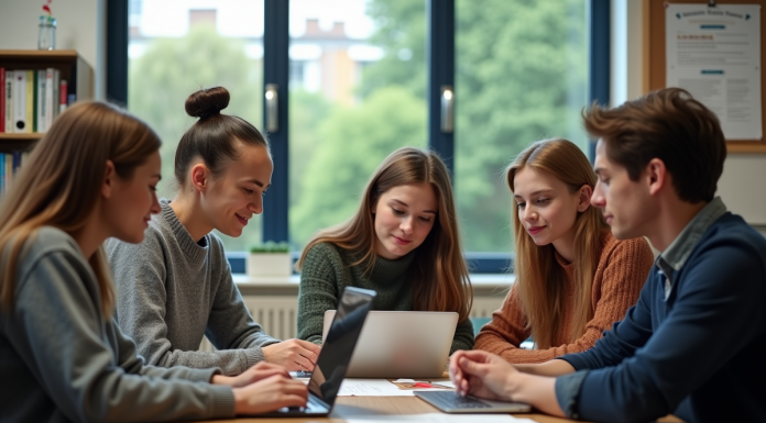 Groupe d'enseignants en réunion dans une salle moderne