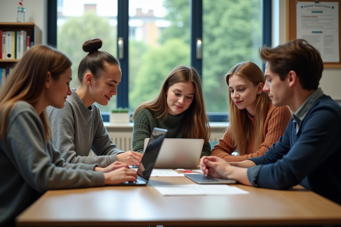 Groupe d'enseignants en réunion dans une salle moderne