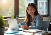Etudiant souriant étudiant à un bureau lumineux