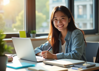 Découvrez les meilleurs sites de devoirs corrigés gratuits pour réussir vos études Etudiant souriant étudiant à un bureau lumineux