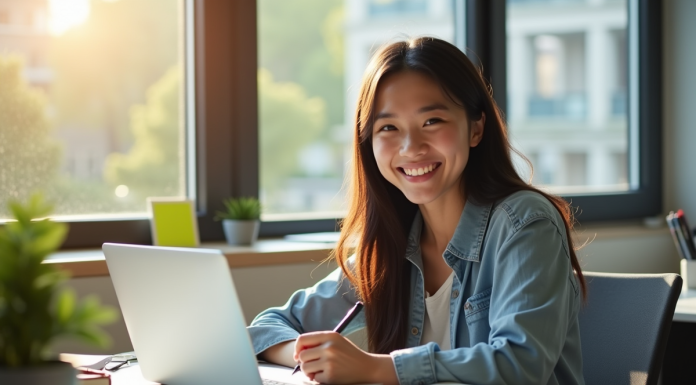 Etudiant souriant étudiant à un bureau lumineux