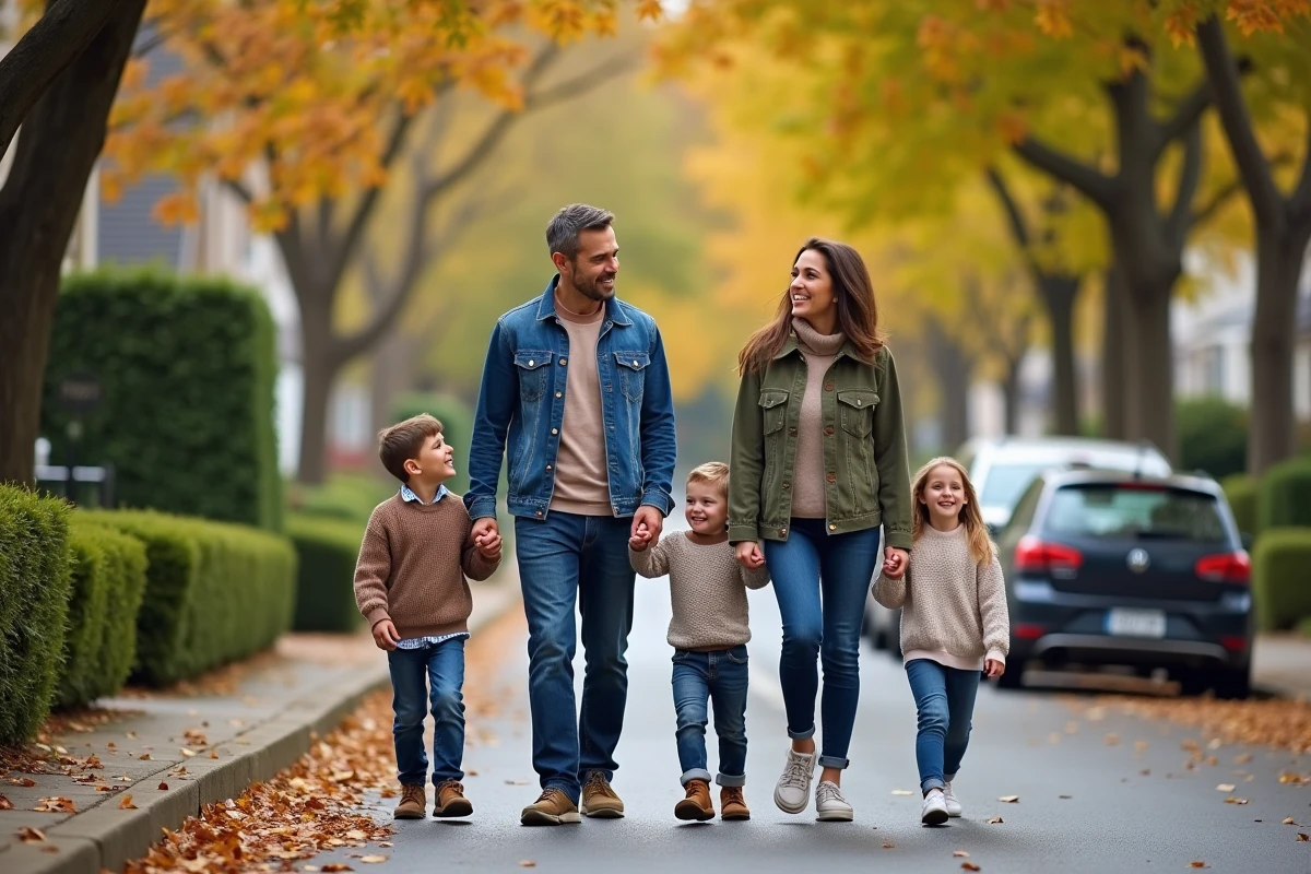 Famille de quatre se promenant dans une rue résidentielle