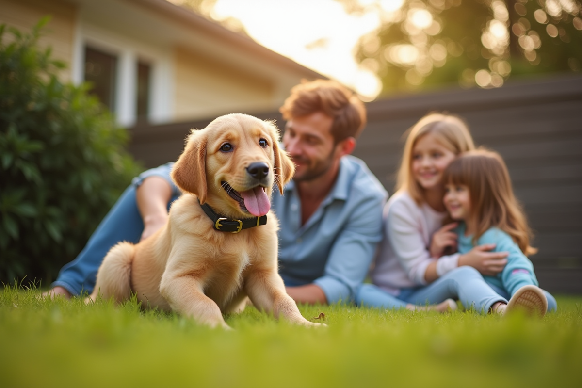 Famille avec chiot golden retriever dans le jardin ensoleille