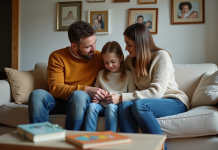 Famille assise sur un canapé dans un salon chaleureux