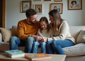 Problèmes liés à l’adoption : Causes, Solutions et Conseils pour les Familles Adoptives Famille assise sur un canapé dans un salon chaleureux