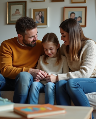 Famille assise sur un canapé dans un salon chaleureux