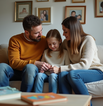 Famille assise sur un canapé dans un salon chaleureux