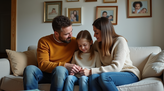 Famille assise sur un canapé dans un salon chaleureux